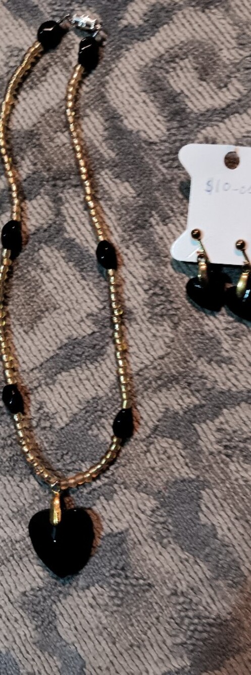 Gold and Black Beaded Necklace and Earring Set